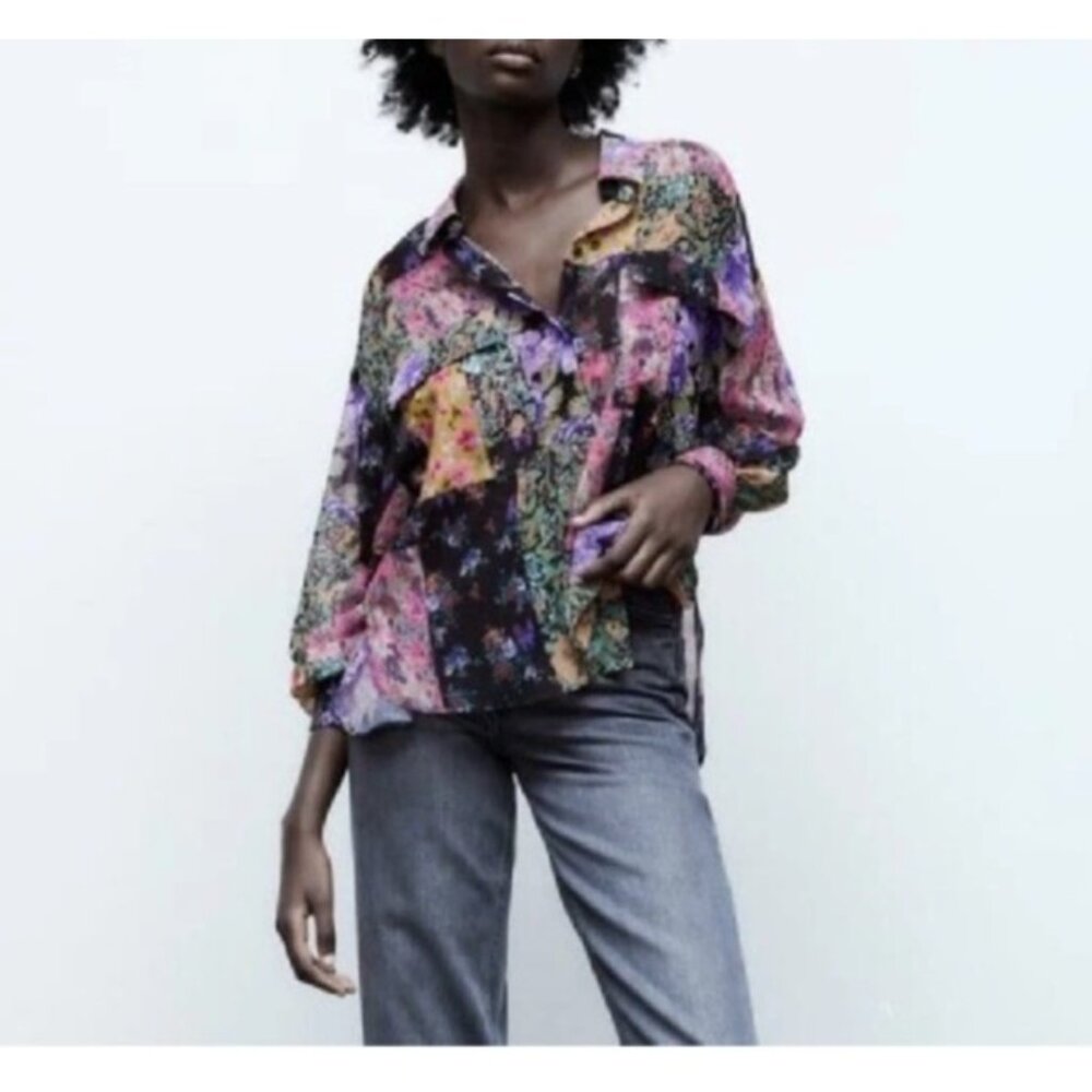 Zara Floral Print The Amelie Shirt‎ Small Patchwork Sheer Flowy Cottage Boho - Picture 8 of 11
